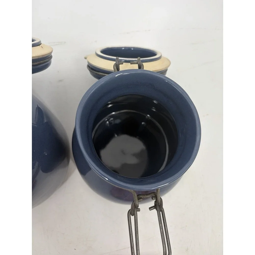 Vintage Stoneware Canister Set 3 Navy Blue Folk Art Bird Heart Clamp Lid